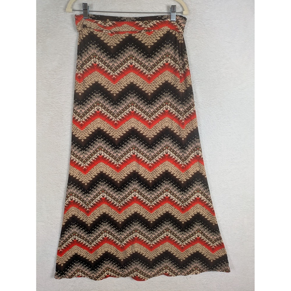 Hot Kiss Maxi Skirt Women's S/M Red Brown Chevron Zig Zag Boho Stretch